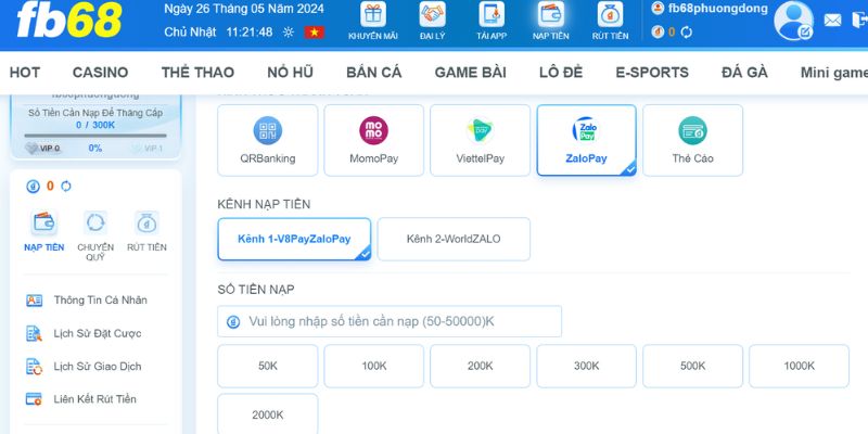 Nạp Tiền FB68 Qua Zalo Pay